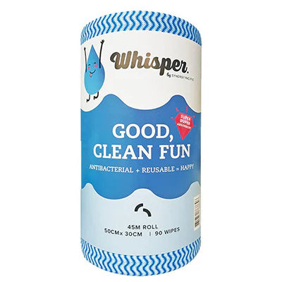 WHISPER BLUE WIPE ROLL HEAVY DUTY 90 WIPES 50X 30CM ANTI BAC - SINGLE
