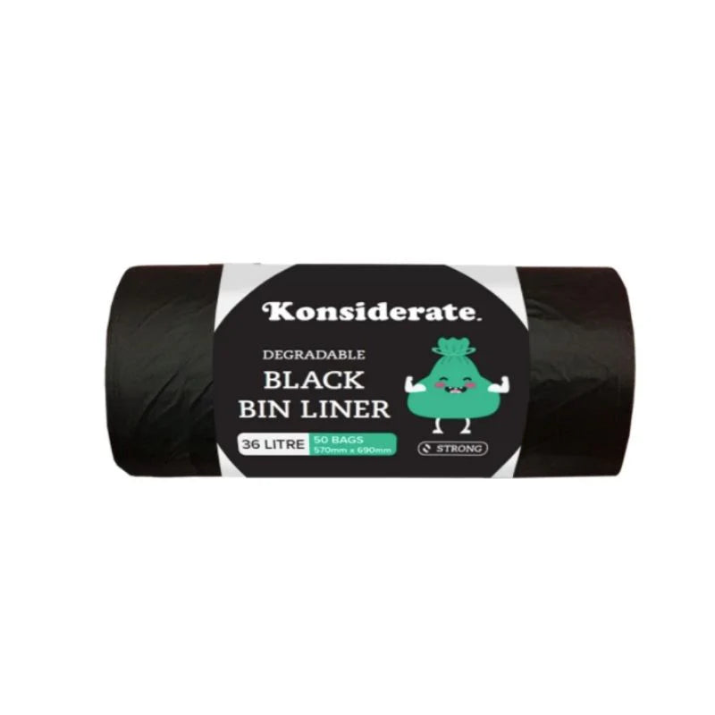BK36 KONSIDERATE 36LT BLACK DEGRADABLE BAGS 20 ROLLS X 50 BAGS