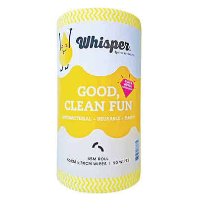 8046# WHISPER YELLOW WIPE ROLL HEAVY DUTY 90 WIPES 50X 30CM ANTI BAC- CTN 4