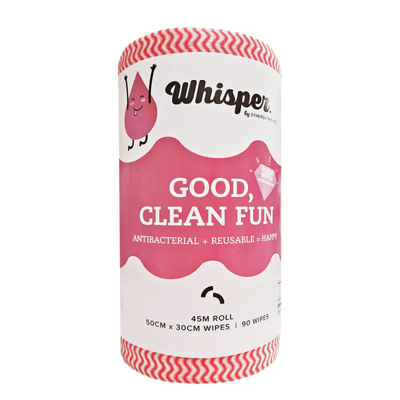 8047 WHISPER RED WIPE ROLL HEAVY DUTY 90 WIPES 50X 30CM ANTI BAC- ROLL
