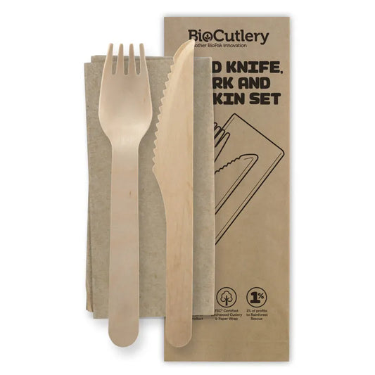 WOW- CUTLERY- KIT 200 Wooden Fork Knife Napkin Combo